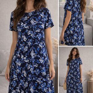 Woman Within Blue Floral Dress 12 Petite Pullover Soft Casual SS